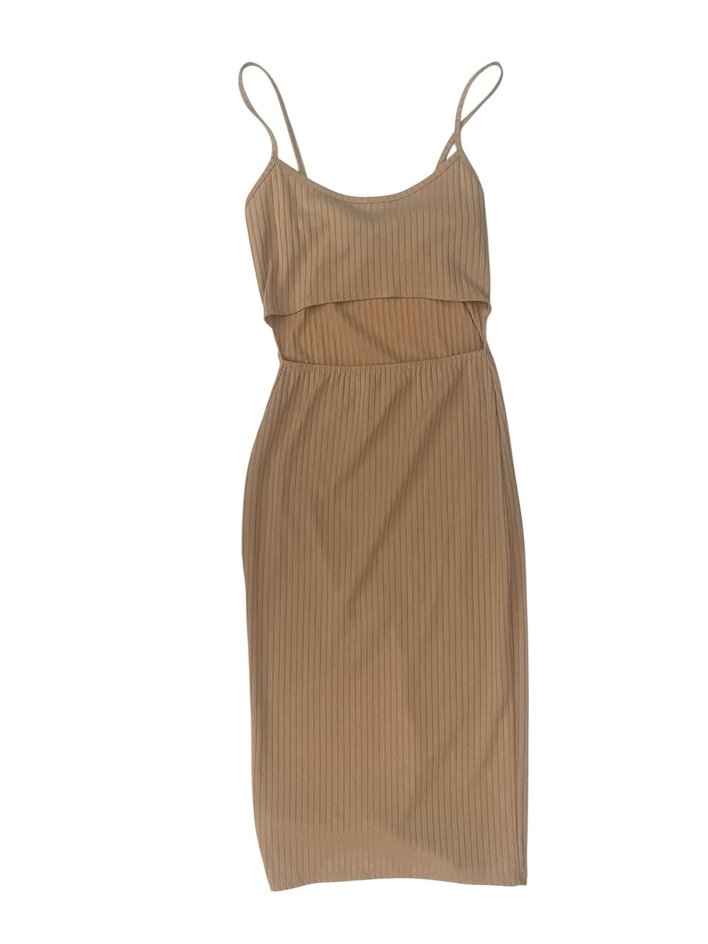 PRETTYLITTLETHING Ribbed Tan Spaghetti-Strap Midi Dress size 4